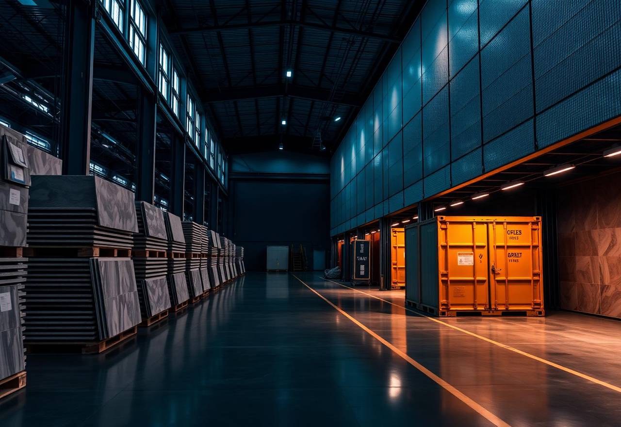 Tile manufacturing warehouse with pallets of tiles and shipping containers