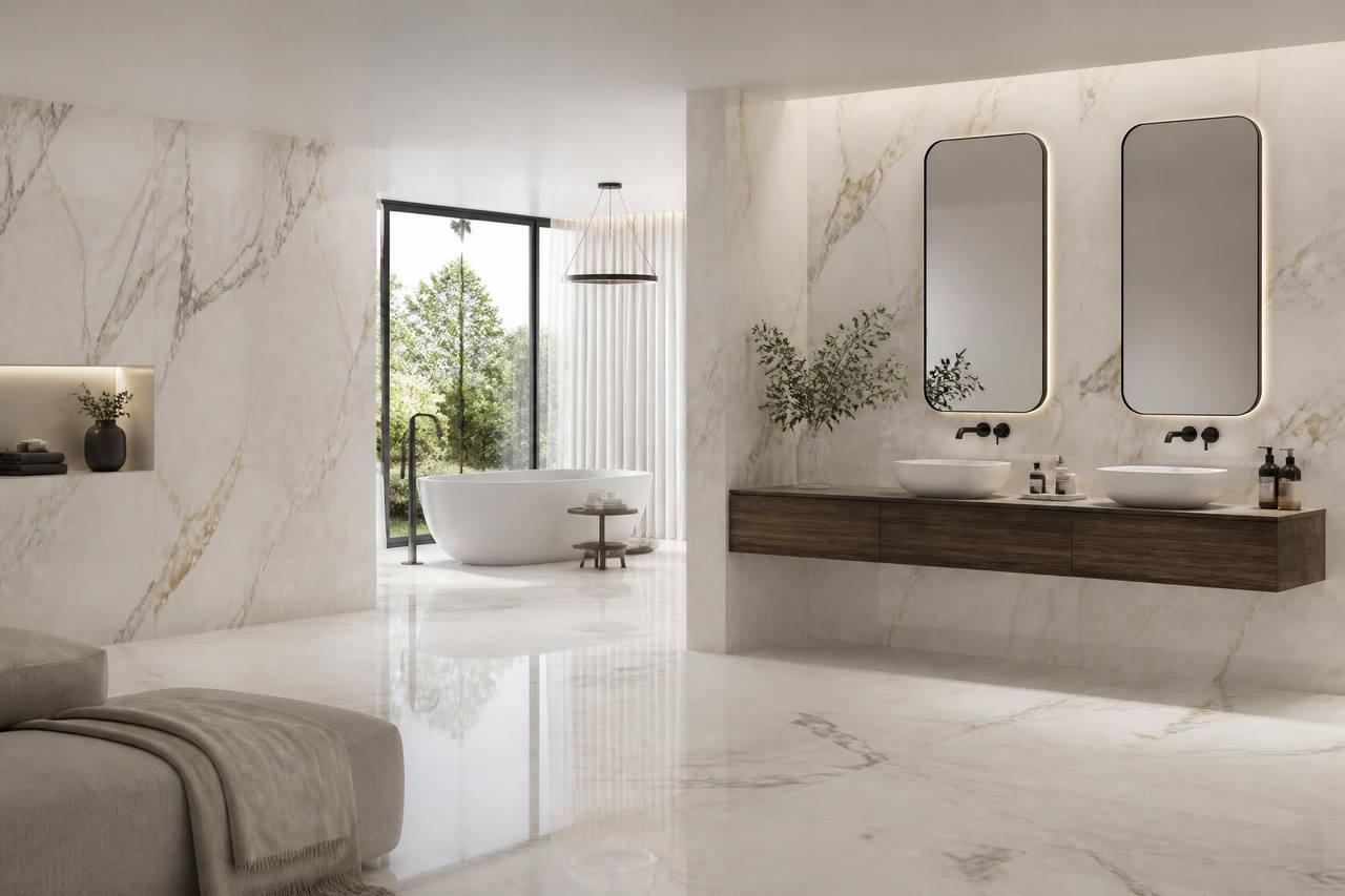 Luxury bathroom interior finished with large-format marble effect wall and floor tiles